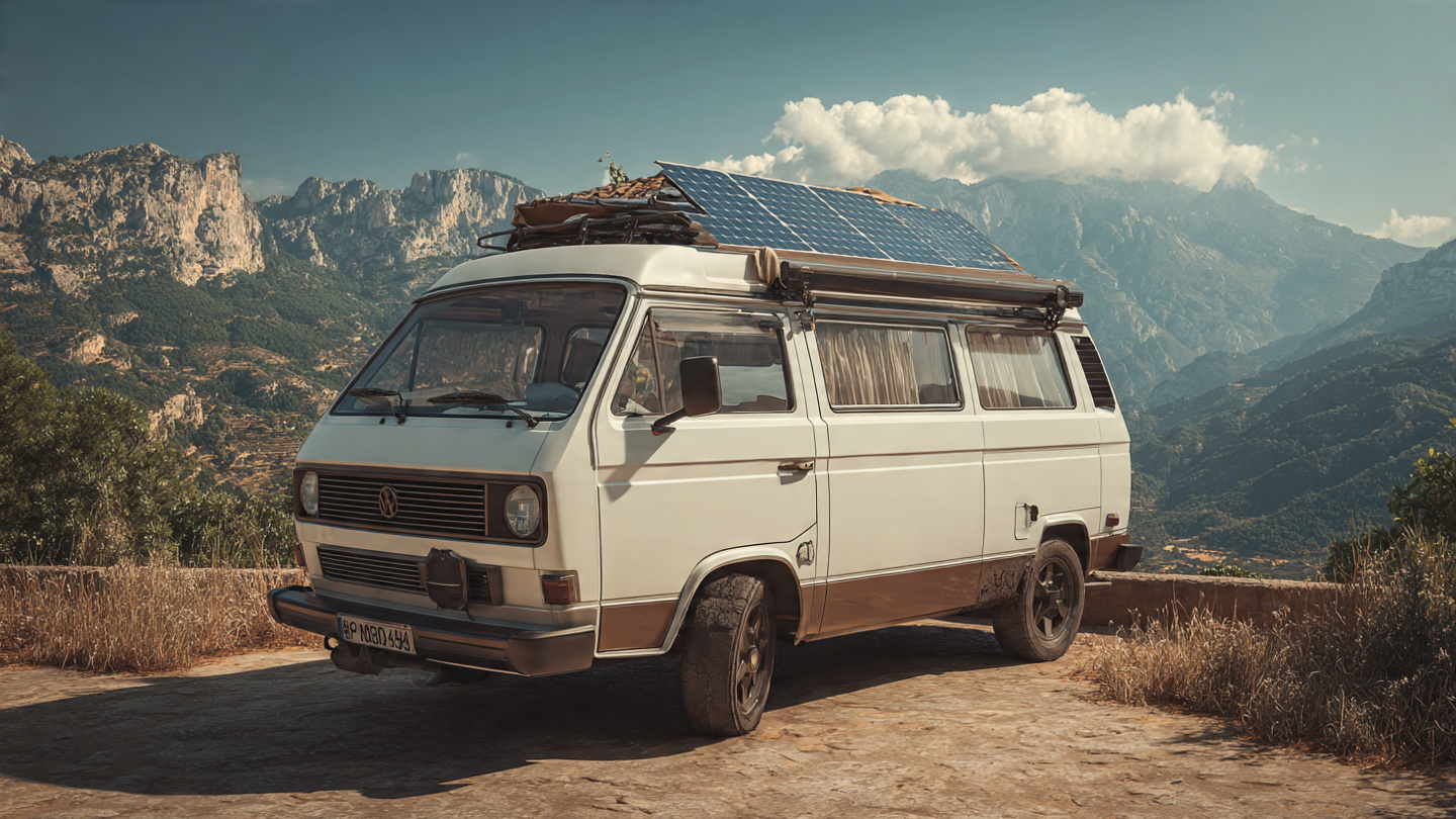 Paneles solares en el techo de una furgoneta camper blanca en paisaje español