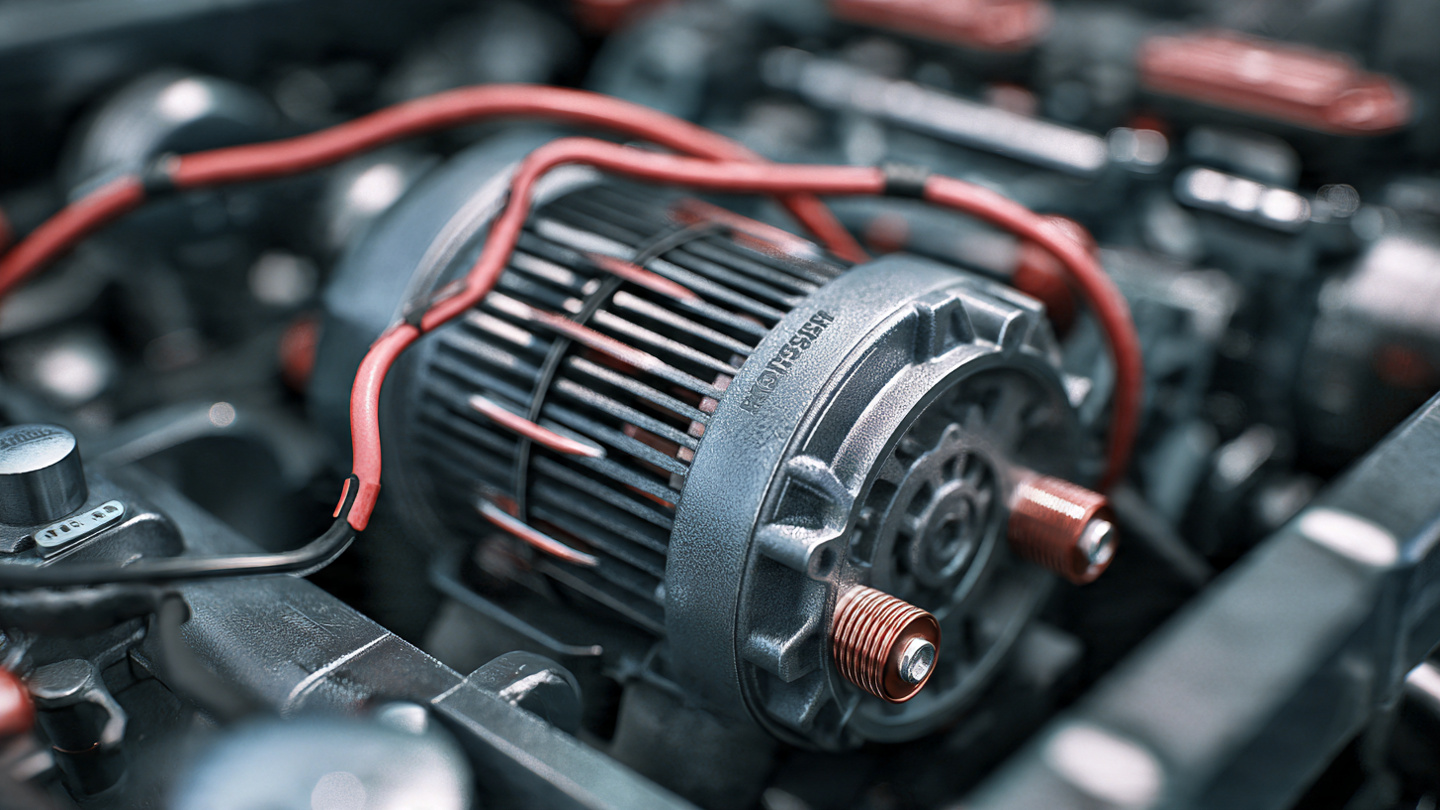 Car alternator with cables in engine bay