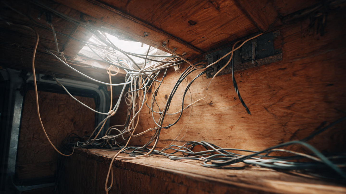 Poorly installed electrical wires inside a camper van