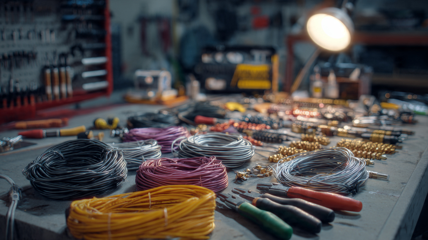 Various electrical cables on a workbench